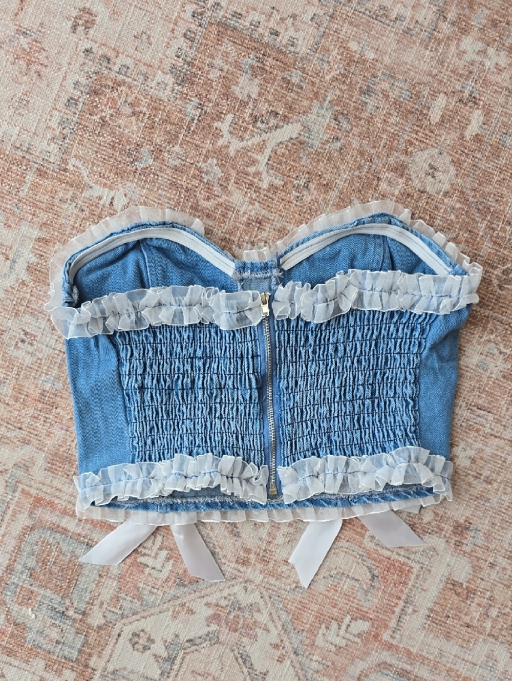Bershka Light Blue Denim Bustier Top with White Ruffle Trim - Picture 2 of 2